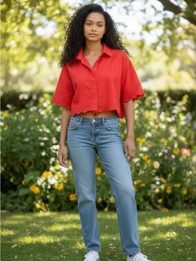 Free Assembly Red Eyelet Cropped Button-Up Blouse